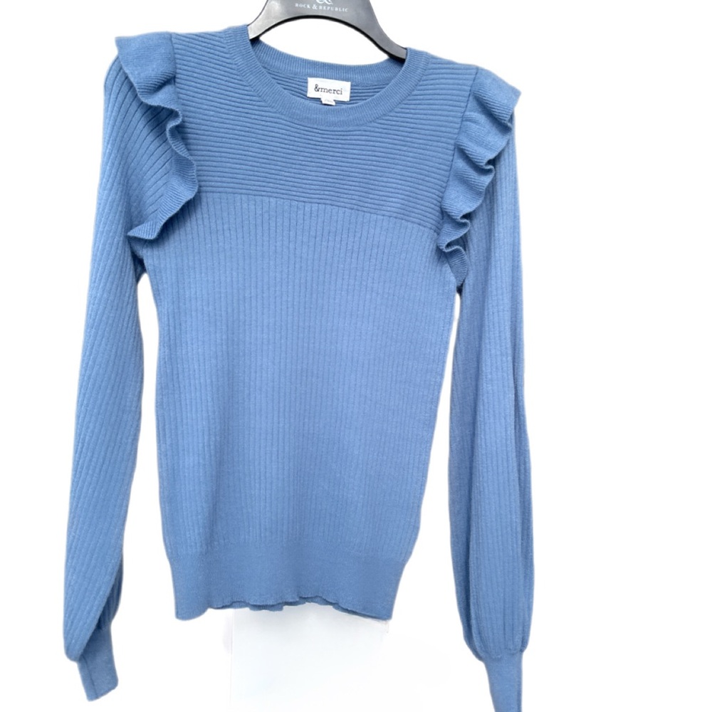&Merci Womens Sweater S Blue Puff Sleeve Ribbed Crewneck Knit Ruffle Pullover